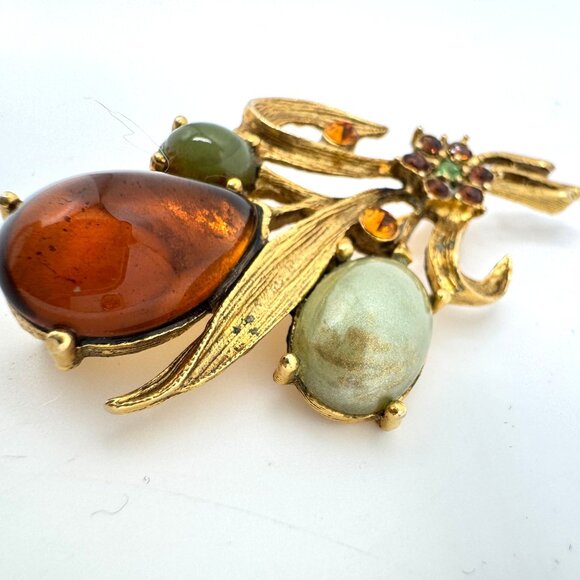 Floral Bouquet Brooch Amber Jade Glass Cabochons Gold Tone Rhinestone Flower Vtg - Picture 8 of 10